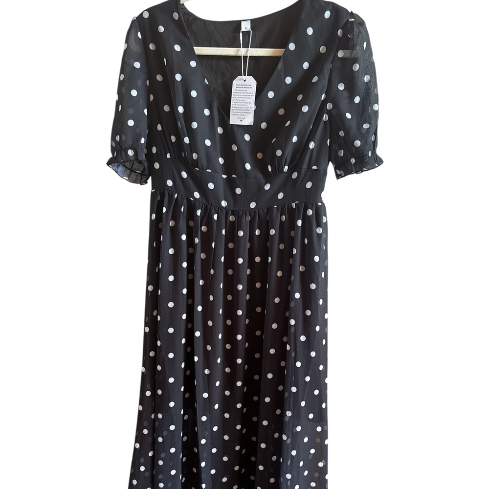 Made With Love NWT Woman’s Large Lined Black Polka‎ Dot Maxi Dress Elastic Waist